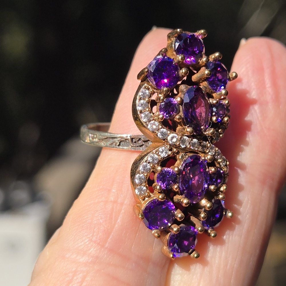 Amethyst & White sapphire Sterling & Gold cocktail ring 7.75 - Picture 5 of 9